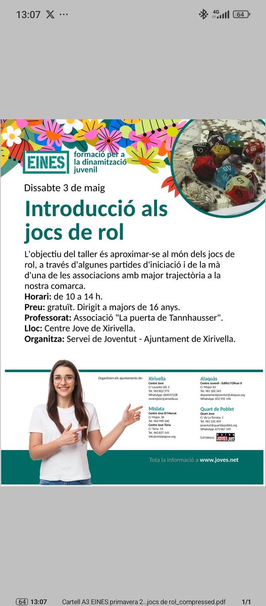 Apúntate en Eines joves.net/novetats/intro… a un curso de iniciación a los juegos de rol. Es el 3 de mayo de 10:00 a 14:00.
El curso es de coste gratuito y está subvencionado por el Ayuntamiento de Xirivella.
