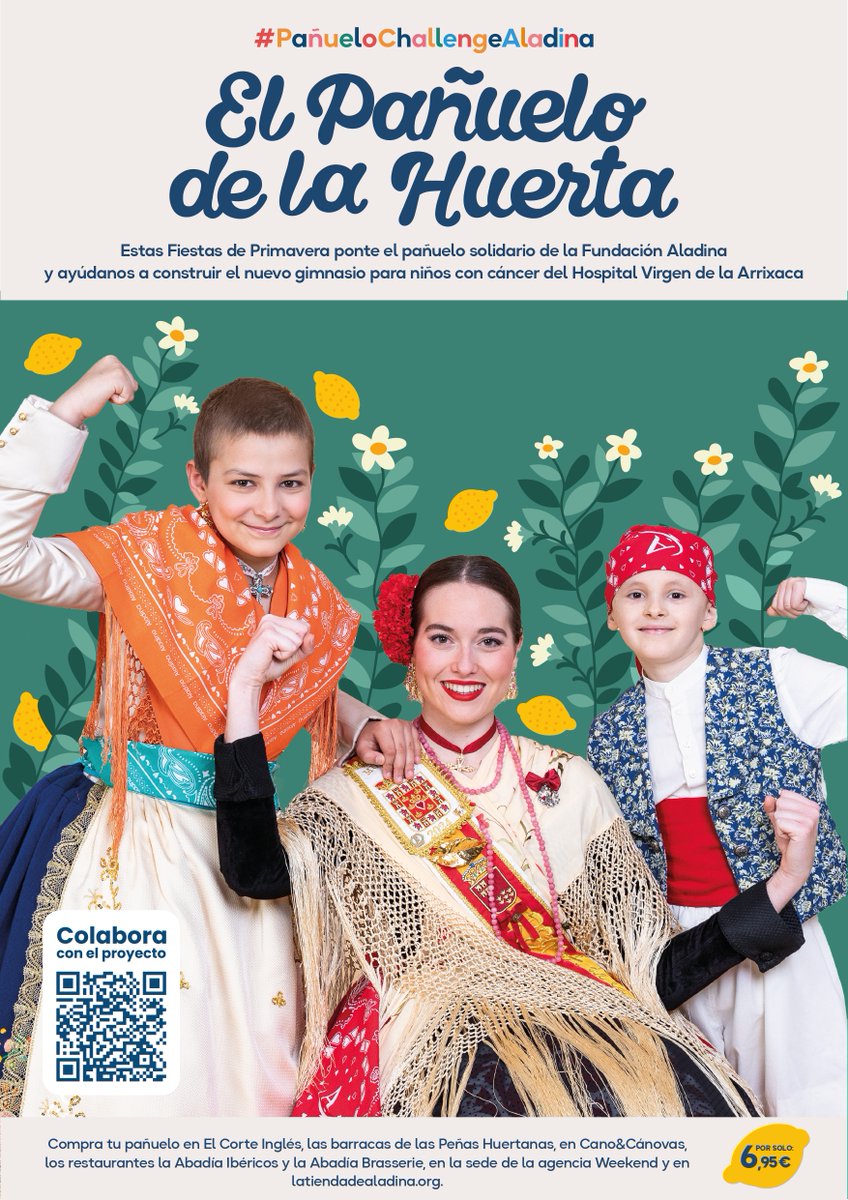 Estas #FiestasdePrimavera, ¡Murcia se viste de solidaridad! 🍋🌸

Qué alegría anunciaros que, por primera vez, el #BandodelaHuerta será también solidario con los niños con cáncer que cuidamos en Aladina.