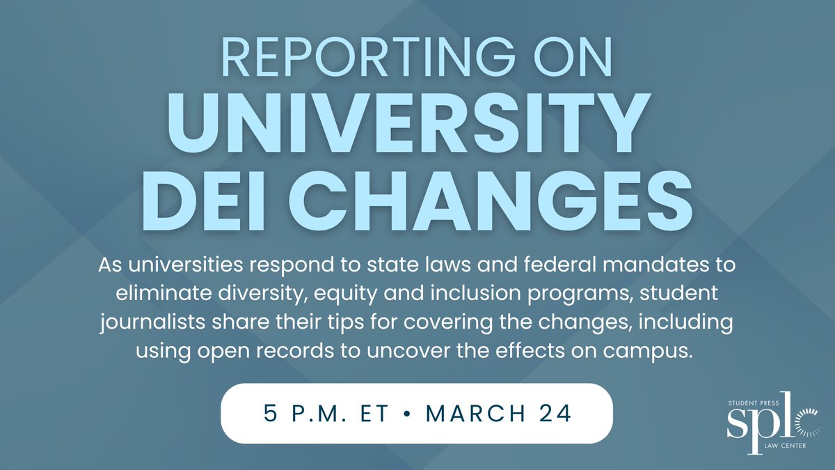 🚨 TODAY: Hear from student journalists with their tips for covering changes to DEI programs at universities. Featuring students from the North Texas Daily and Ohio State's The Lantern, plus a new SPLC public records project. Register  ➡️  loom.ly/igtQ5XI