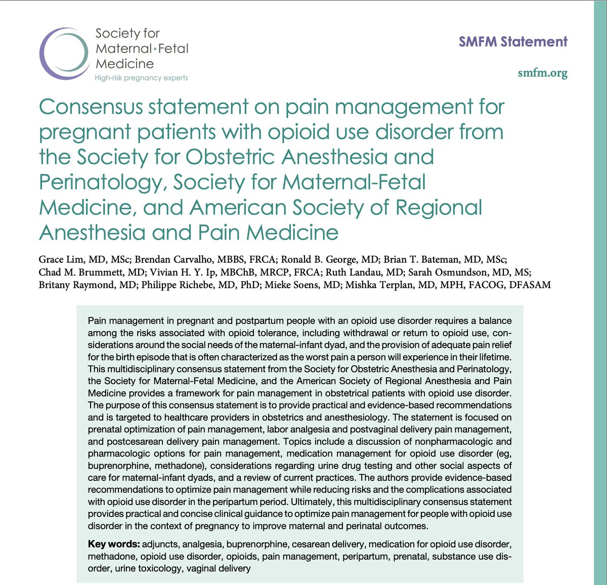 Consensus statement on pain management for pregnant patients with opioid use disorder from the Society for Obstetric Anesthesia and Perinatology, Society for Maternal-Fetal Medicine, and American Society of Regional Anesthesia and Pain Medicine ow.ly/a3o650ViIWR