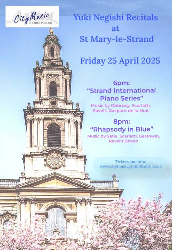 Yuki Negishi (@yukinegishfriel) on Twitter photo Excited for a double bill of recitals at <a href="/StMaryleStrand/">St Mary le Strand - The Jewel in the Strand</a> Fri 25 April at 6 & 8pm!
Prog incl. Scarlatti, Debussy, Satie, Ravel (Bolero, Gaspard de la Nuit) and Gershwin.
6pm: eventim-light.com/uk/a/63c82ca27…
8pm: eventim-light.com/uk/a/63c82ca27…
It would be lovely to see some of you there! Excited for a double bill of recitals at <a href="/StMaryleStrand/">St Mary le Strand - The Jewel in the Strand</a> Fri 25 April at 6 & 8pm!
Prog incl. Scarlatti, Debussy, Satie, Ravel (Bolero, Gaspard de la Nuit) and Gershwin.
6pm: eventim-light.com/uk/a/63c82ca27…
8pm: eventim-light.com/uk/a/63c82ca27…
It would be lovely to see some of you there!