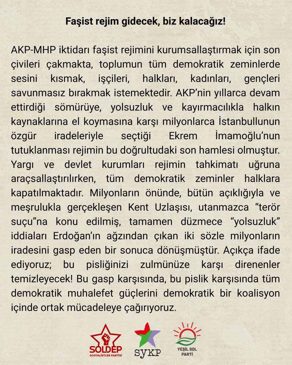 🚩 Faşizme Karşı Birleşik Mücadele 🚩

Yeşil Sol Parti ve Sosyalist Yeniden Kuruluş Partisi ile ortak açıklama metnimiz:

#HücumEt 🔻