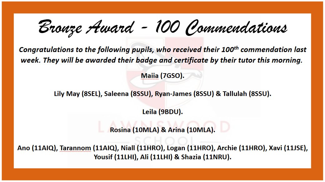 lawnswoodschool's tweet photo. 17 Bronze Awards, 36 Silver Awards, & 18 Gold Awards this week - well done, everyone! #ReadyRespectSafe #WeAreLawnswood https://t.co/nU3zUu5BOY
