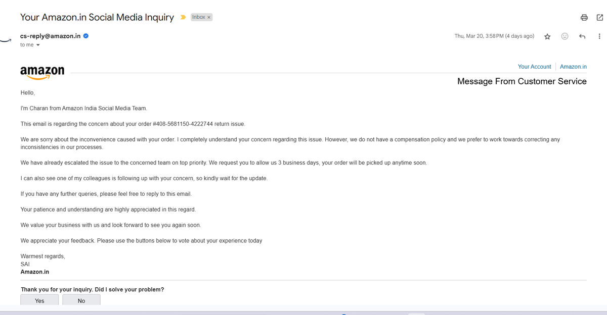 Maheshnakade4's tweet image. @AmazonHelp
@amazonIN
@jagograhakjago

15 days, countless calls &amp;amp; emails, no resolution.  Your staff is rude, unresponsive, and gives false answers wasting my time, energy, and causing immense stress. I demand immediate action, compensation. #CustomerSupport #bbr #HopelessAmazon