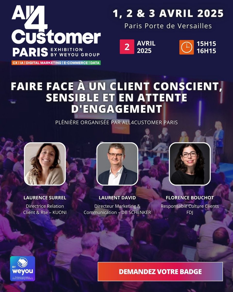 📢 Plénière exclusive pour faire face à un client conscient, sensible et en attente d'engagement. Animée par Florence Bouchot, Responsable Culture Clients de la <a href="/fdj_united/">FDJ UNITED</a>.

📅 2 avril | 15h15 - 16h15

🏷️ Badge ici → visitor.weyou-group.com/all4customer/2…

#All4CustomerParis