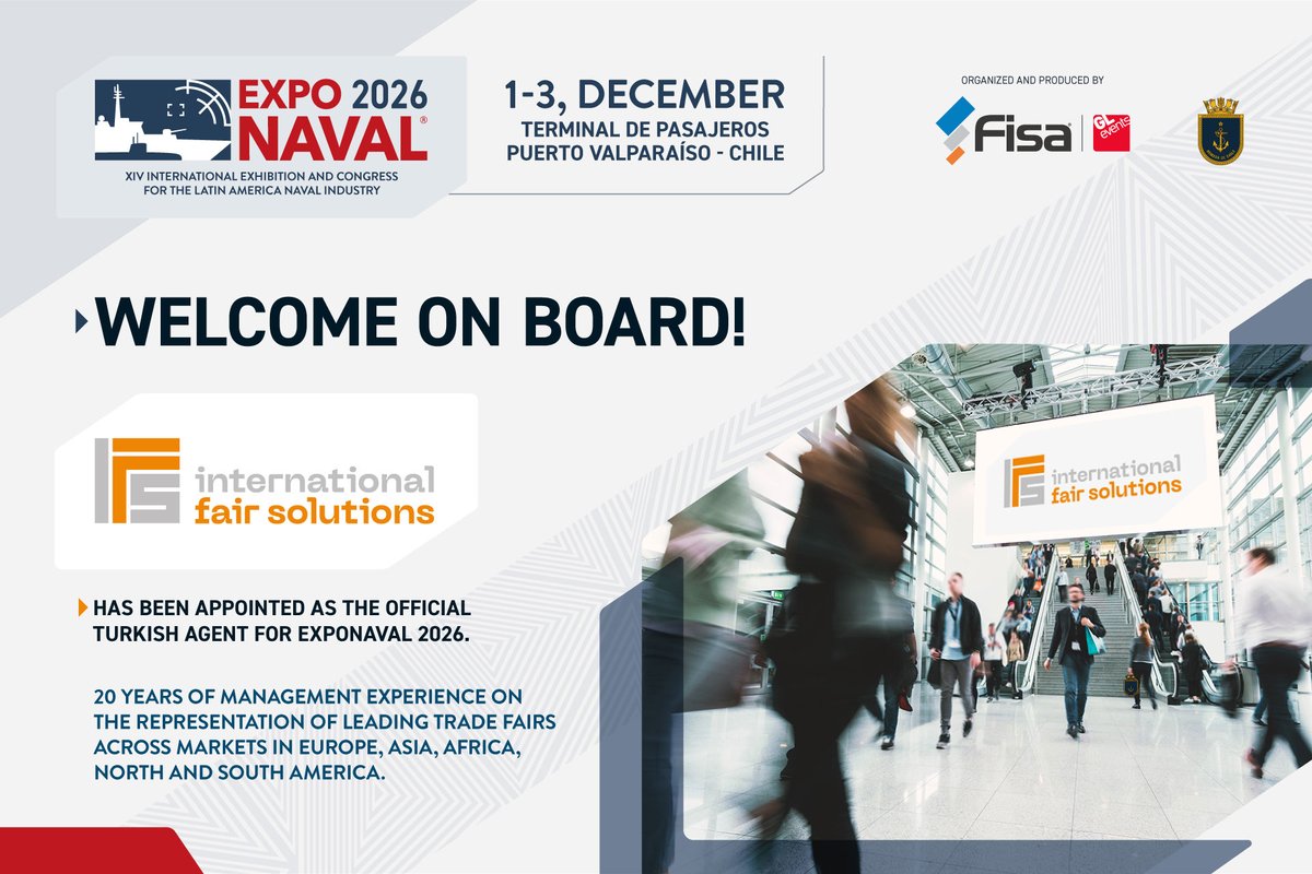 Exponaval (@exponaval_chile) on Twitter photo International Fair Solutions has been appointed as the Official Turkish Agent for #Exponaval2026! 🤝🇹🇷
They have +20 years of experience representing major trade fairs in Europe, Asia, Africa and America.
Get in touch:
📩 info@ifsexhibition.com
📲 +90 212 400 00 69 International Fair Solutions has been appointed as the Official Turkish Agent for #Exponaval2026! 🤝🇹🇷
They have +20 years of experience representing major trade fairs in Europe, Asia, Africa and America.
Get in touch:
📩 info@ifsexhibition.com
📲 +90 212 400 00 69