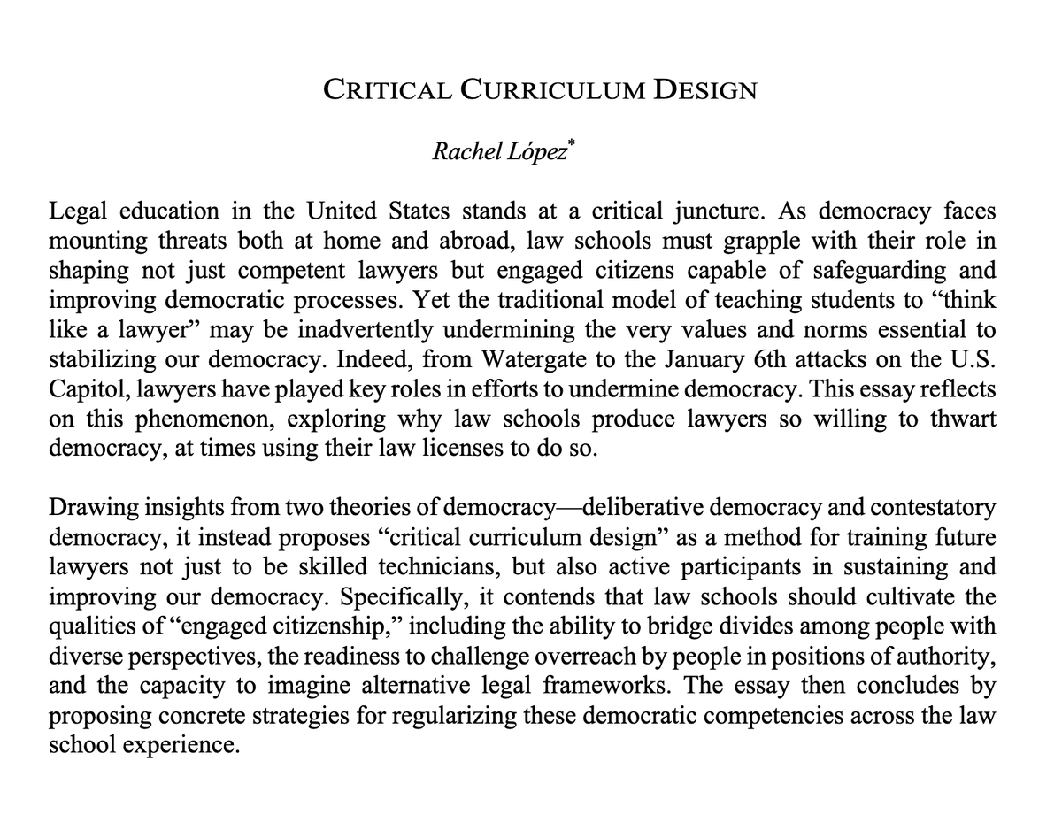 Rachel_E_Lopez's tweet image. Seeing how quickly law firms are folding to Trump&apos;s will makes me believe even more fervently in my latest now forthcoming @MinnesotaLawRev Headnotes. Critical Curriculum Design explores why law schools are producing lawyers so willing to thwart democracy.
papers.ssrn.com/sol3/papers.cf…