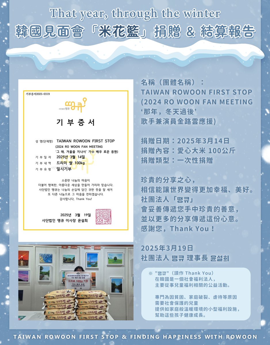 RowoonTWfanclub's tweet photo. #米花籃 #應援 #大米捐贈 #結算報告
#쌀화환 쌀 기부
2024.12.30~31 그 해, 겨울을 지나서
距離去年底韓國見面會結束到現在兩個多月
終於完成了首站&路雲社團的大米捐贈!!
感謝ROming們的熱情參與♥
#路雲 #金路雲 #金錫佑 #ROWOON #TY_TTW
#로운 #김로운 #김석우 #ロウン #로밍 https://t.co/bJnrmY6O0K