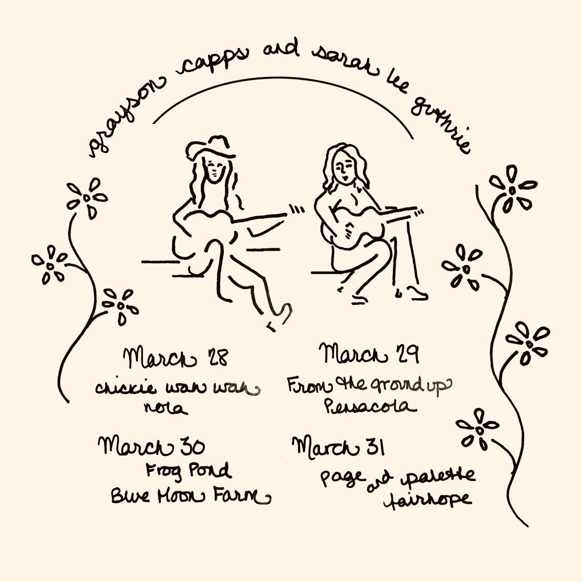 graysoncapps's tweet image. Grayson, @SarahLeeGuthrie  and Corky Hughes this week/weeknd!!

3/28 Chickie Wah Wah - #NewOrleans
3/29 From The Ground Up Community Garden - #Pcola
3/30 The Frog Pond Sunday Social - #Silverhill
3/31 The Book Cellar at Page &amp;amp; Palette - #Fairhope

graysoncapps.com