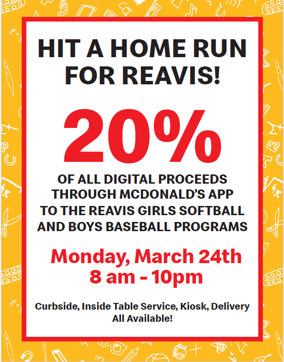 Reavis Baseball (@reavisbaseball) on Twitter photo Burbank! Please help support Reavis Softball & Reavis Baseball with our McDonald’s fundraiser today!
McDonald’s (5355 W 79th St) will donate 20% of all orders through their app to help support our teams with the upcoming Spring Break trip from 8am to 10pm!
<a href="/ReavisSoftball/">Reavis Softball</a> Burbank! Please help support Reavis Softball & Reavis Baseball with our McDonald’s fundraiser today!
McDonald’s (5355 W 79th St) will donate 20% of all orders through their app to help support our teams with the upcoming Spring Break trip from 8am to 10pm!
<a href="/ReavisSoftball/">Reavis Softball</a>