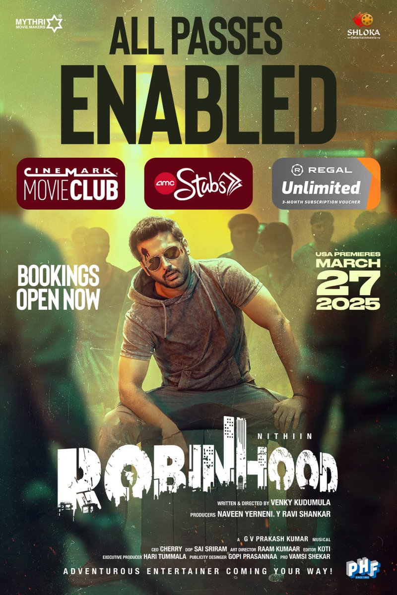 Bringing you unlimited entertainment at affordable standard pricing! 🎬✨

All passes enabled for #Robinhood in the USA. 💥💥💥

Grab your tickets now! 🎟️

<a href="/actor_nithiin/">nithiin</a> <a href="/VenkyKudumula/">Venky Kudumula</a>