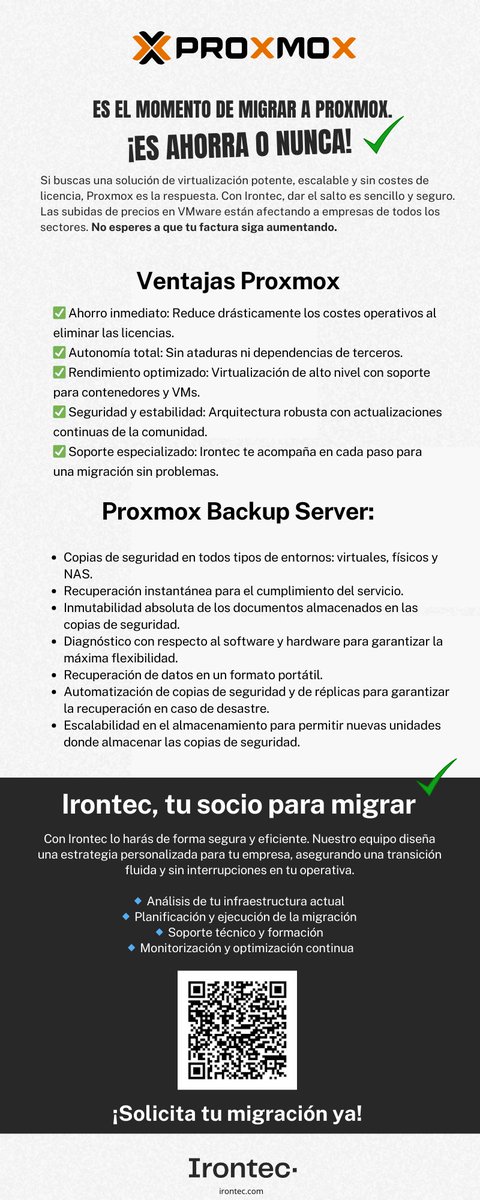🚨 #VMware te está costando demasiado.

📉 Licencias caras. ⏳ Subidas de precio constantes. 🔗 Dependencia total de un proveedor.

💡 #Proxmox es la solución #opensource TOP.

💥 Irontec te guía en el cambio. Es ahora o nunca.

🔗 Asesoramiento gratuito: bit.ly/contactoirontec
