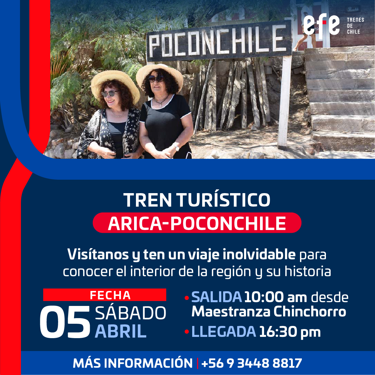 Viaja con nosotros en el próximo servicio turístico, donde podrás ver la nueva Estación Chinchorro, conocer el Valle de Lluta y llegar hasta Poconchile en nuestro tren.

¡Quedan pocos pasajes para el sábado 5 de abril! 😍🚄

Precios y fechas aquí 👉 efe.cl/nuestros-servi…