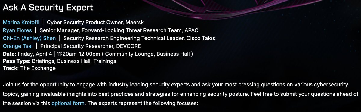 Chi-en (Ashley) Shen (@ashl3y_shen) on Twitter photo Come join us at the Ask A Security Expert session at Black Hat Asia on April 4th! I'll be there with <a href="/orange_8361/">Orange Tsai ๐</a>, @ryan_flores, and <a href="/Marmusha/">Marina Krotofil ๐บ๐ฆ๐ป</a> answering your cybersecurity questions. Submit your topics in advance using the form on the event page. Looking forward to seeing you! Come join us at the Ask A Security Expert session at Black Hat Asia on April 4th! I'll be there with <a href="/orange_8361/">Orange Tsai ๐</a>, @ryan_flores, and <a href="/Marmusha/">Marina Krotofil ๐บ๐ฆ๐ป</a> answering your cybersecurity questions. Submit your topics in advance using the form on the event page. Looking forward to seeing you!