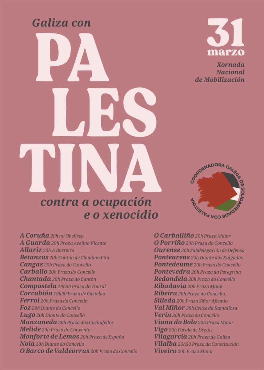 🔴 Diante da gravísima situación na #Palestina, a Coordenadora Galega de Solidariedade coa Palestina presentamos hoxe aos medios de comunicación a Xornada Nacional de Mobilización deste 31 de marzo que se estenderá por todo o país.
#GalizaConPalestina
#PalestinaVencerá