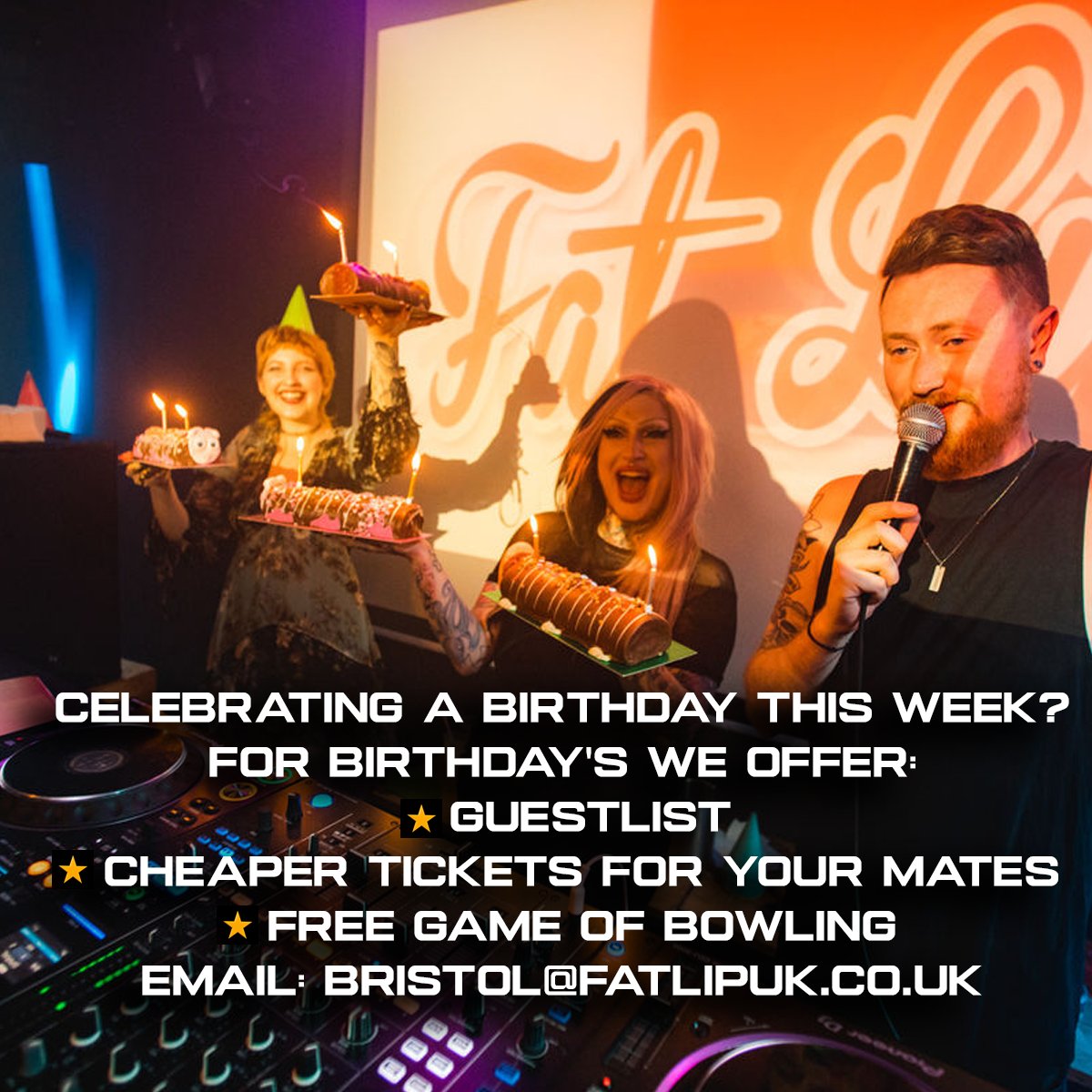 PARTY PEOPLE. 🥳
Are you or one of your mates celebrating a birthday this week? 🎂
Then drop us an email and we can make your night significantly better. 👌
Email: bristol@fatlipuk.co.uk