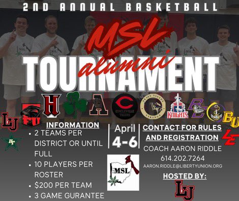 9 teams registered…looking for 1 more!!  

Fairfield Union
Logan Elm
Hamilton Township
Fisher Catholic
Fairfield Christian 
Harvest Prep

Where you at?!!!!  

Deadline to register is Friday the 28th…don’t miss out!!  Please contact me immediately to register!