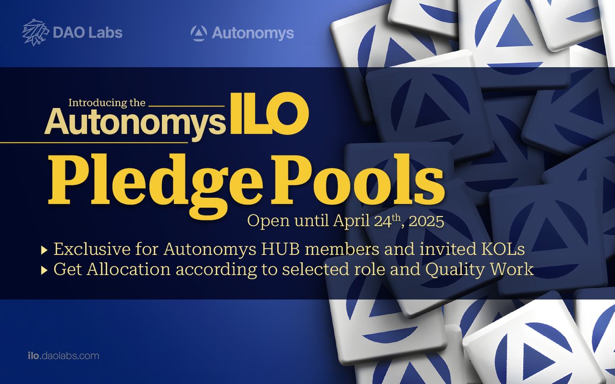 TheDAOLabs's tweet image. 💰@AutonomysNet ILO Pledge Pools Launch Today !
✅Backed by: @PanteraCapital - Lead Investor, Coinbase Ventures, CryptoCom, Web3 Foundation, Alumni Ventures among others
🗓 240 Social Miners and selected KOLs have until April 24th to pledge work, submitting deliverables.…