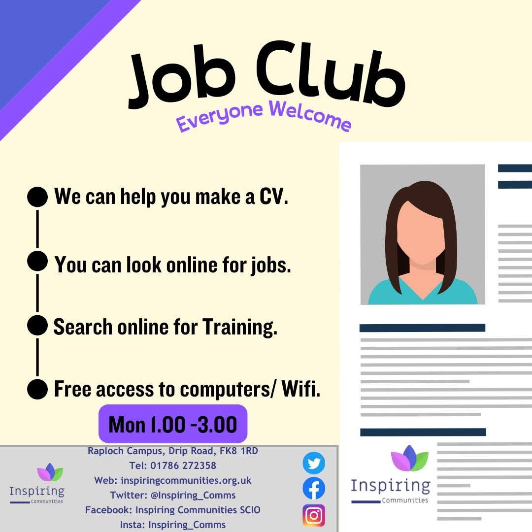 Inspiring_Comms's tweet image. Looking for help with your CV? 
Or help with job search online?
We can help... Pop in to our Job Club and see us!
📆 TODAY
⏰ 1pm 
#training #jobs #JobHelp #Monday #Stirlingjobs #employability #Raploch #Stirling