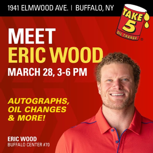 Eric Wood (@ewood70) on Twitter photo Great to be back in Buffalo and hanging out with my friends <a href="/Take5_OilChange/">Take 5 Oil Change</a> ! Swing by from 3-5 PM for a fast, friendly oil change and stick around for autographs, good company, and more. See you there! Great to be back in Buffalo and hanging out with my friends <a href="/Take5_OilChange/">Take 5 Oil Change</a> ! Swing by from 3-5 PM for a fast, friendly oil change and stick around for autographs, good company, and more. See you there!