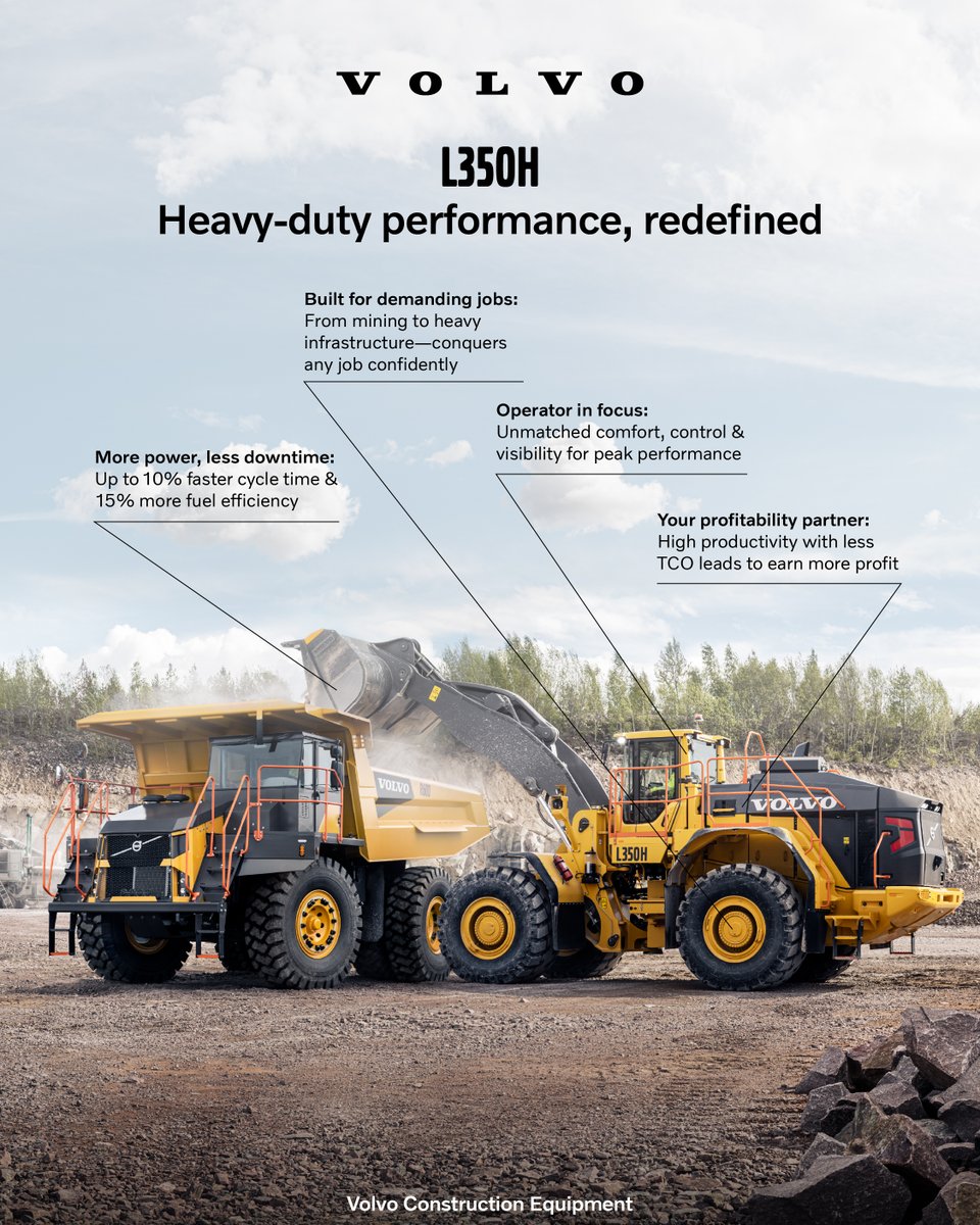 VolvoCEIndia's tweet image. More power. More productivity. More profit. The Volvo L350H takes performance to the next level.

#VolvoL350H #HeavyMachinery #PowerPerformance #ConstructionEquipment #BuiltForProductivity #EfficiencyRedefined #StrongerThanEver #VolvoCE #MorePower #MoreProfit