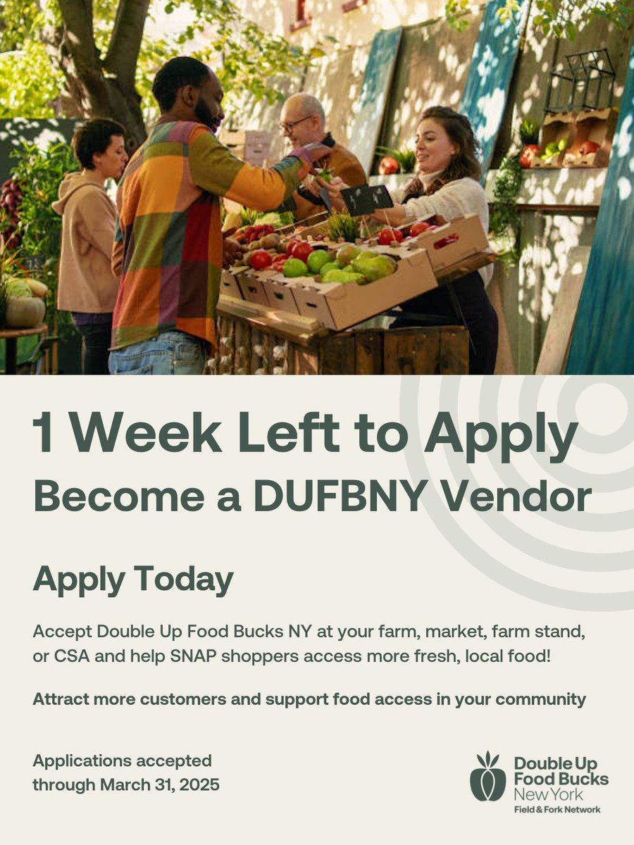 Farmers, CSAs, and Farm Stands! The deadline to apply to accept Double Up Food Bucks NY this season is just ONE WEEK AWAY! Don’t miss this opportunity to support your community and boost sales with DUFBNY. 

Learn more and apply fieldandforknetwork.com/farm-direct/