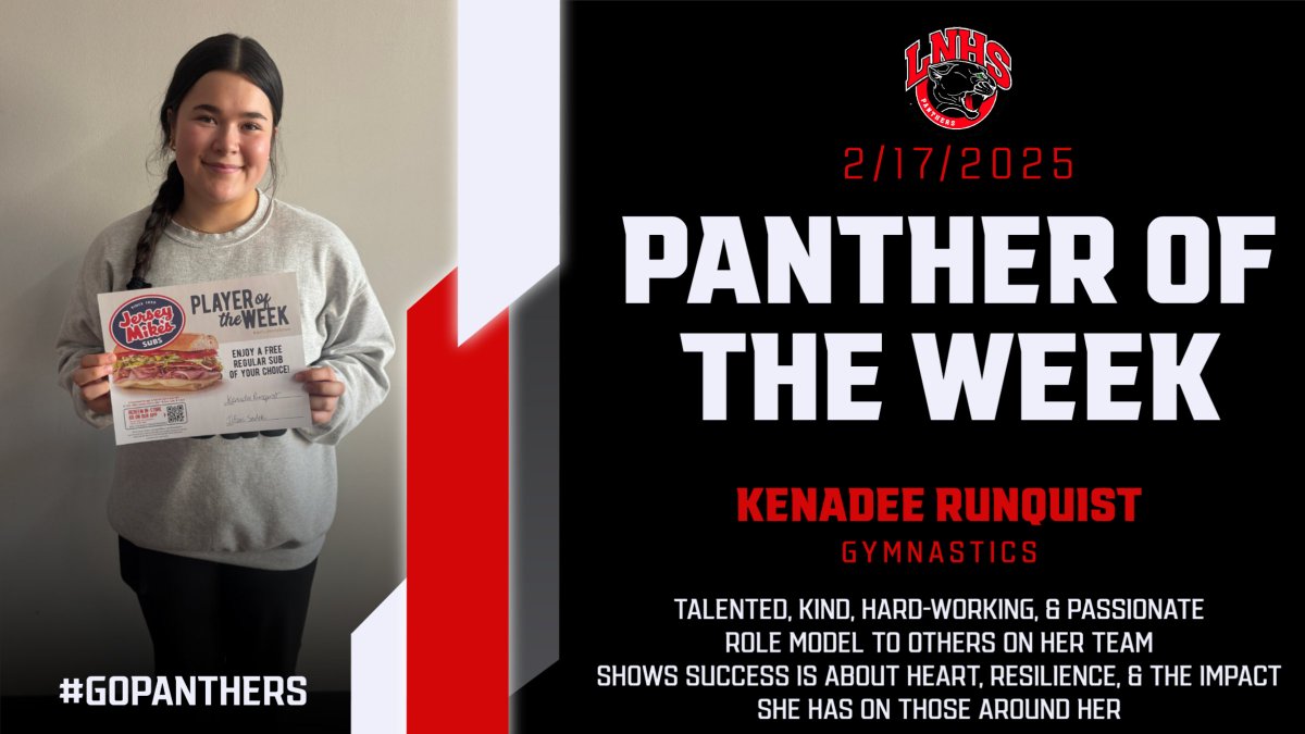 Lakeville North High School (@lnhs_panthers) on Twitter photo Congratulations to our <a href="/jerseymikes/">Jersey Mike's Subs</a> Panther of the Week from 2/17, Kenadee Runquist! Kenadee is a talented, kind, hard-working, & passionate gymnast. She's a role model to others, proving success is about heart, resilience, & her impact on others. #astudentabove Congratulations to our <a href="/jerseymikes/">Jersey Mike's Subs</a> Panther of the Week from 2/17, Kenadee Runquist! Kenadee is a talented, kind, hard-working, & passionate gymnast. She's a role model to others, proving success is about heart, resilience, & her impact on others. #astudentabove