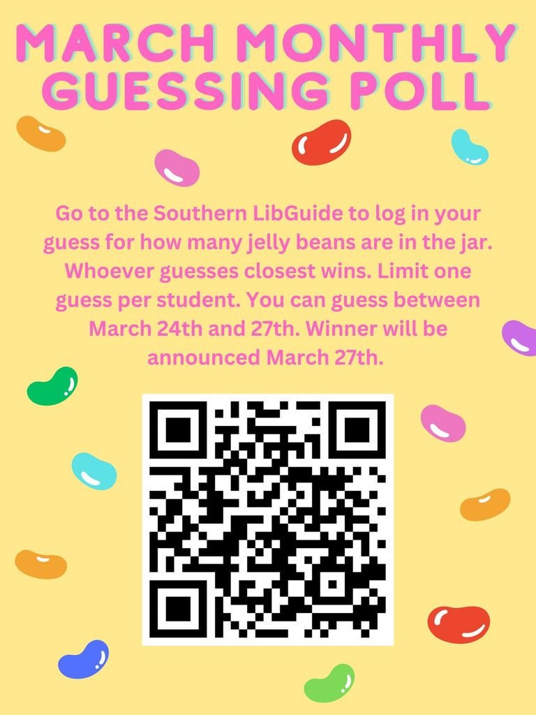 The March Monthly Guessing Poll is now active in the library.  Visit the library libguide to guess how many jellybeans are in the jar.  The closest guess will win the jar and all the candy.  One guess per student.  The winner will be announced Friday afternoon, March 27th.