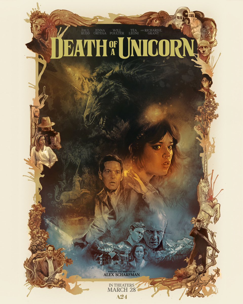 Respect the horn. Hand-painted poster by <a href="/studiotstella/">Tony Stella</a> for DEATH OF A UNICORN, opening in theaters this Friday.