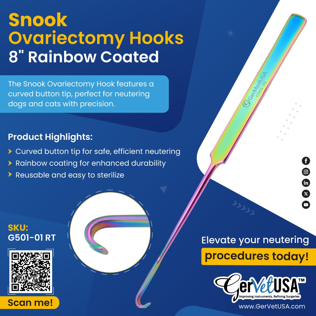 GerVetUSA's tweet image. Snook Ovariectomy Hooks 8" Rainbow Coated

Perfect for neutering dogs and cats, these specialized hooks feature a curved button tip for precise tissue handling. 

Shop Now at: tinyurl.com/2apl44uy

#VeterinaryTools #GerVetUSA