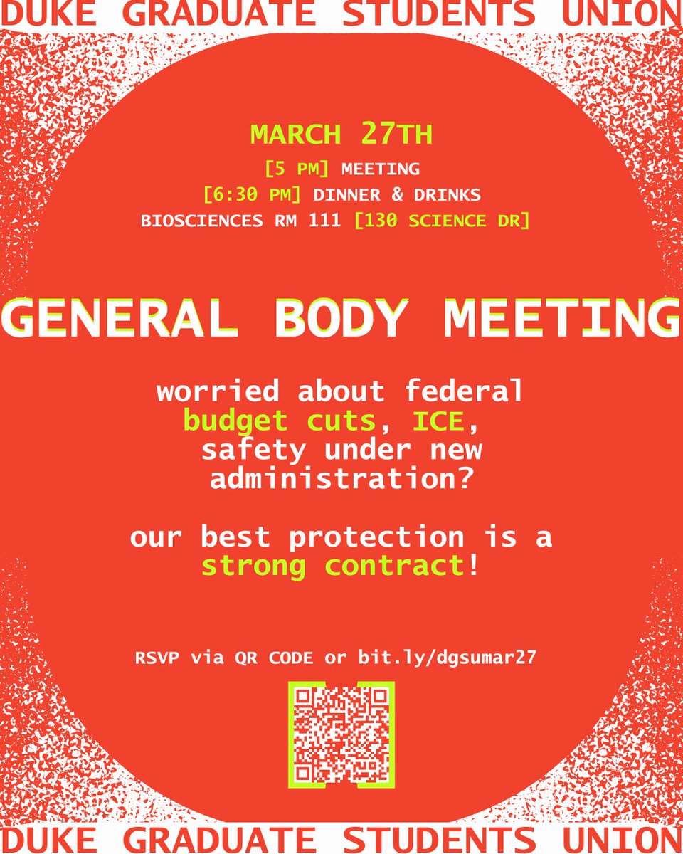 Our next general body meeting is this Thursday! Turn up for discussion about our contract, immigration issues, and federal budget cuts. Pizza will be on hand 🍕