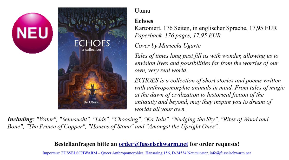 After a sensual debut and a fantastic second novel, <a href="/WildDogUtunu/">oo TOO noo</a> has now published a collection of short stories and poems.😎 
ECHOES (with a cover by <a href="/chutkat/">Chutkat | CONFUROR@2025</a>) is available now.
