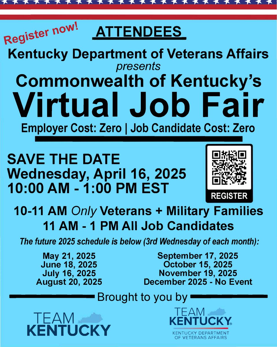We’re excited to announce the Commonwealth of Kentucky’s Virtual Job Fair, presented by the Kentucky Department of Veterans Affairs, and we’d love for you to be a part of it! Register Now! #veterans #TeamKentucky #Kentucky #opentowork #jobs #jobsearch #kyshrm #SHRM