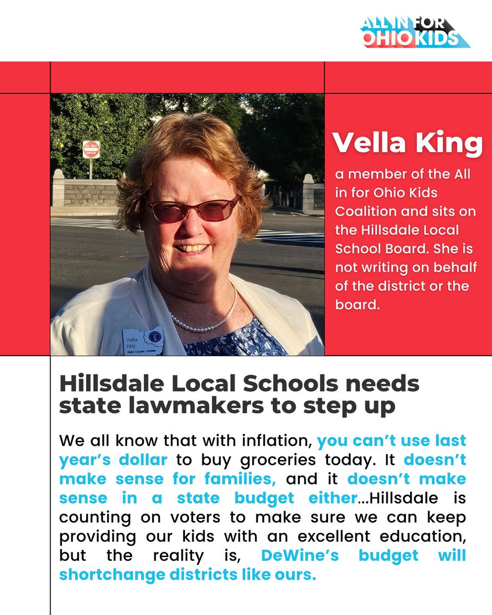 AllInForOhio's tweet image. We all know that with inflation, last year’s dollar won’t stretch as far at the grocery store today. So why should our schools have to? Governor DeWine’s budget shortchanges districts like ours! #FairSchoolFunding

📖 Read Vella King’s full op-ed: 

ow.ly/K2RO50VnkJg