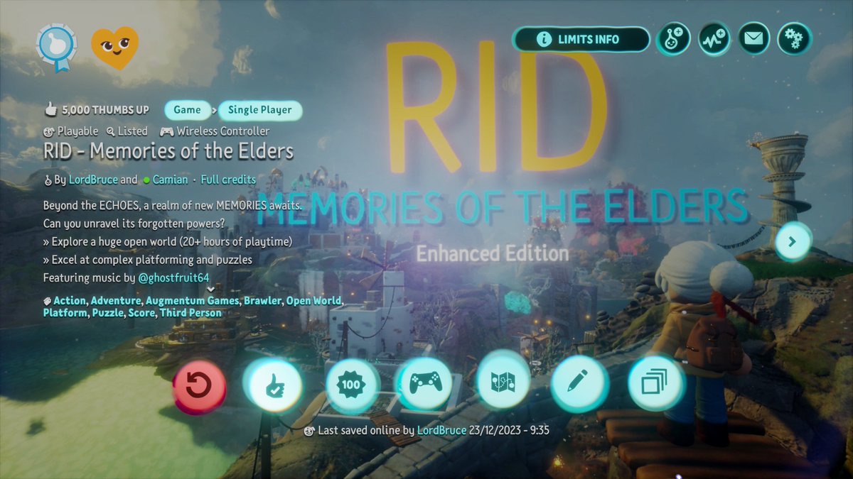AugmentumGames's tweet photo. We made it to 5000 thumbs-up! 🥳
Reposting the gameplay trailer of our fully-fledged, open world puzzle platforming adventure to celebrate. 
At an average completion time of 30 hours and 52 mins, it is one of the biggest games ever #MadeInDreams.
Thanks to everyone who played it! https://t.co/5f9LwMoxmx