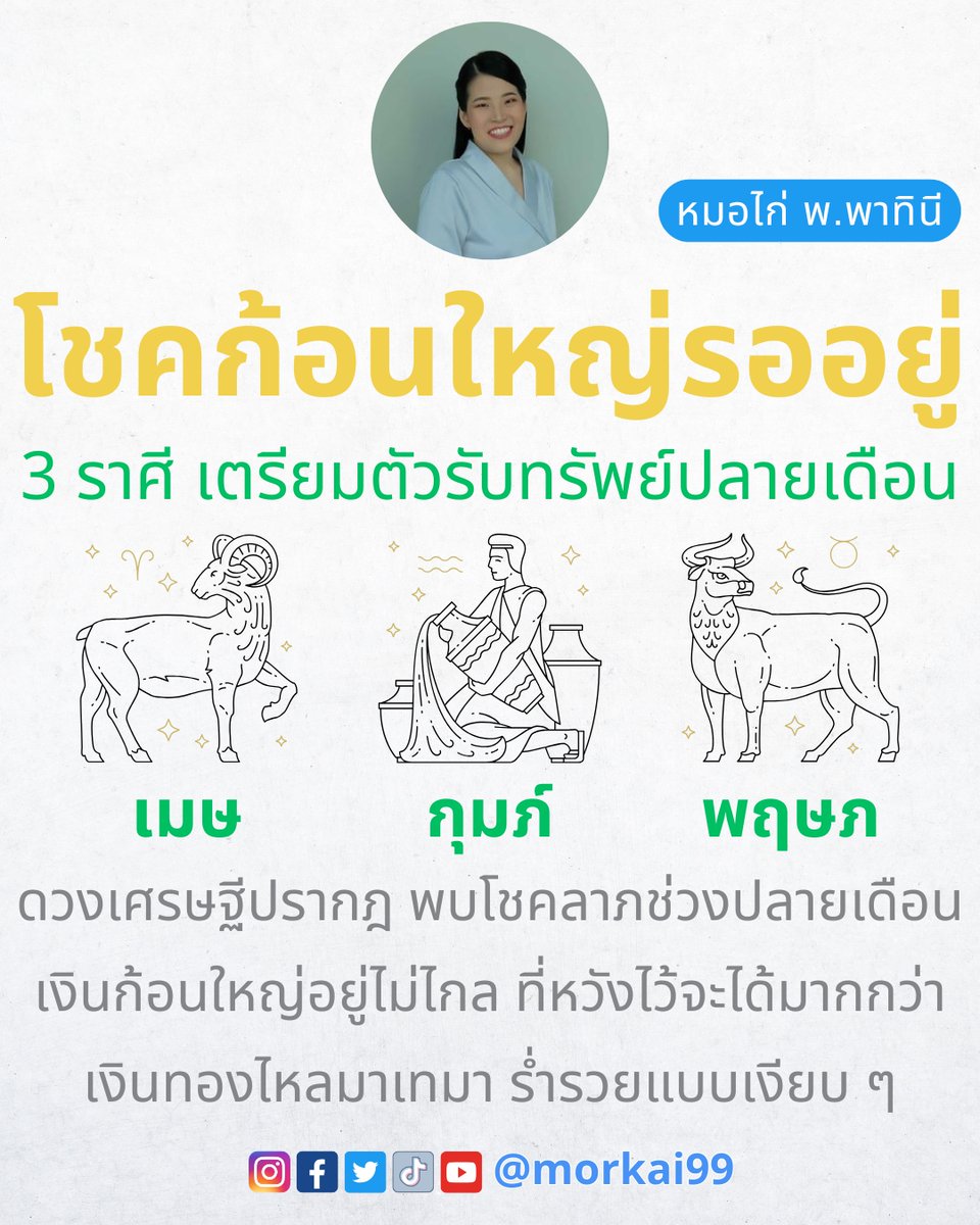 morkai99's tweet photo. ฟ้าประทานความรวย 3 ราศี ดวงได้โชคใหญ่ปลายเดือน 🙏 หมอไก่ขอคนละ 1 ไลค์ เพื่อเป็นค่าครูด้วยนะคะ !! ใครอยู่ใน 3 ราศี ดวงดี พิมพ์คอมเมนต์ราศีตัวเอง เพื่อรับคำทำนายด้วยค่ะ

#หมอไก่ พ.พาทินี เจ้าของคอลัมน์ดวงรายวันหนังสือพิมพ์ไทยรัฐ 

#ดวง #เช็คดวง #หวย #ดูดวง #GOT7_NESTFESTinBKK https://t.co/OCsrg2ry31
