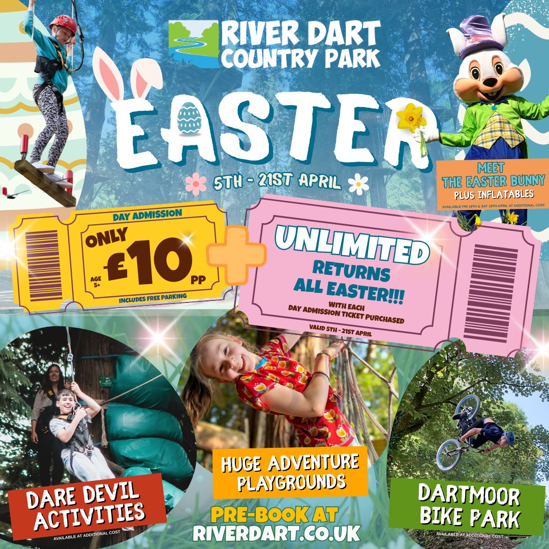 Join us for an egg-straordinary #Easter <a href="/RiverDartCP/">River Dart Country Park</a> 

UNLIMITED RETURNS Day Admission just £10pp!

FIND OUT MORE ➡️ riverdart.co.uk

<a href="/DevonTopDaysOut/">Devon's Top Attractions</a> <a href="/VisitDevon/">Visit Devon</a>