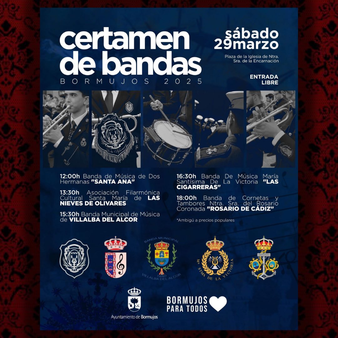 Las Nieves de Olivares (@bandalasnieves) on Twitter photo El próximo sábado 29 estaremos en el Certamen de Bandas organizado por el <a href="/AytoBormujos/">Ayto. de Bormujos</a>
A partir de las 13:30, #SienteLasNieves en Bormujos
Participan también los compañeros de <a href="/BMSantaAna/">B.M. Santa Ana</a> <a href="/BMLasCigarreras/">BM Las Cigarreras</a> <a href="/BandaVillalba/">B.M.M. DE VILLALBA</a> y <a href="/RosariodeCadiz/">Rosario de Cádiz</a> El próximo sábado 29 estaremos en el Certamen de Bandas organizado por el <a href="/AytoBormujos/">Ayto. de Bormujos</a>
A partir de las 13:30, #SienteLasNieves en Bormujos
Participan también los compañeros de <a href="/BMSantaAna/">B.M. Santa Ana</a> <a href="/BMLasCigarreras/">BM Las Cigarreras</a> <a href="/BandaVillalba/">B.M.M. DE VILLALBA</a> y <a href="/RosariodeCadiz/">Rosario de Cádiz</a>