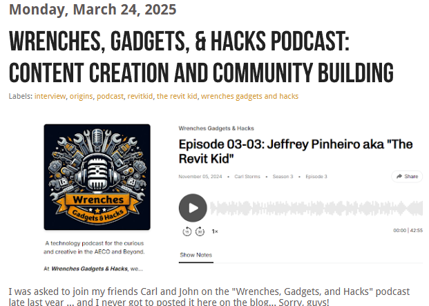 If you are into podcasts and want to hear and interesting chat about some of the "behind the scenes" thoughts &amp; motivations that created "The Revit Kid", check out this interview I did with <a href="/WGHfeed/">Wrenches Gadgets & Hacks</a> 

therevitkid.blogspot.com

Sorry for the delay in sharing this, <a href="/theBIMsider/">Carl Storms</a> 😂🤣