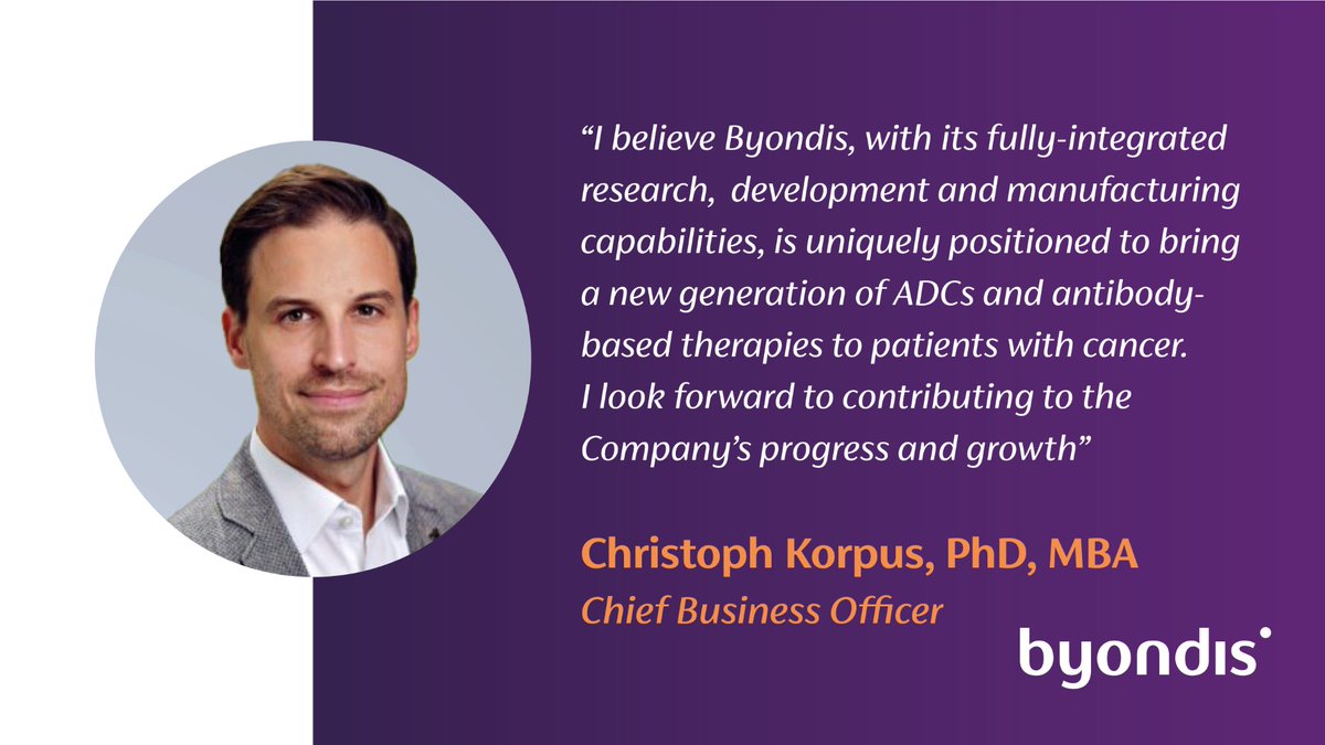 Today we announced the appointment of Christoph Korpus, PhD, MBA, as Byondis' CBO. Christoph will play a pivotal role in advancing our pipeline of novel ADCs &amp; mAbs &amp; lead Byondis' business development efforts. Welcome Christoph! bit.ly/4jf4tuX