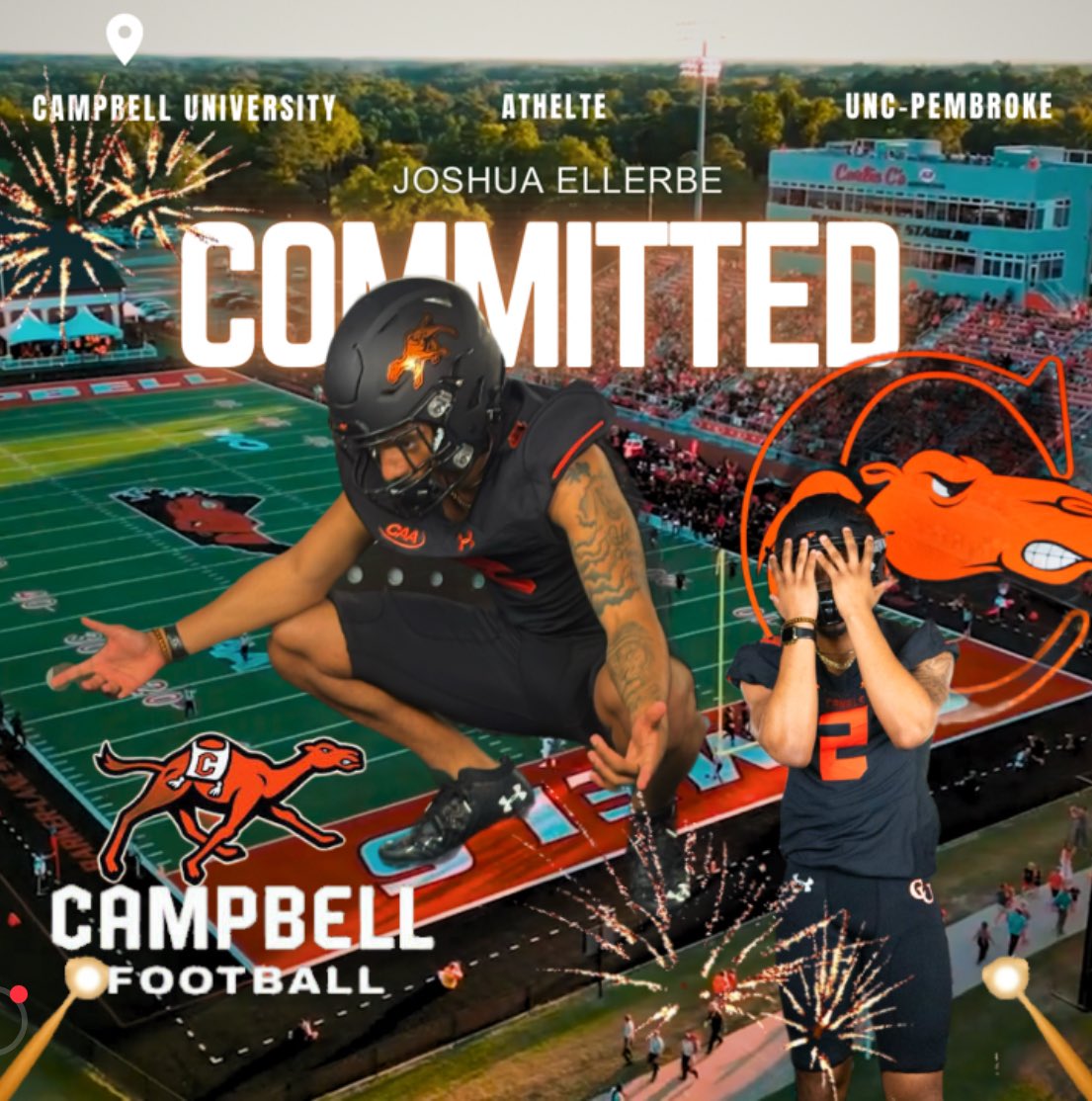After many great conversations with <a href="/GoCamelsFB/">Campbell Football</a> amazing staff, I am 110% committed! Let’s do it ‼️#Rollhumps💥
<a href="/CoachBAbraham/">Bryson Abraham</a> <a href="/CoachSutton88/">Luke Sutton</a> <a href="/CoachDixon11/">Nick Dixon</a> <a href="/TheAndyPoole/">CoachP</a> #commit