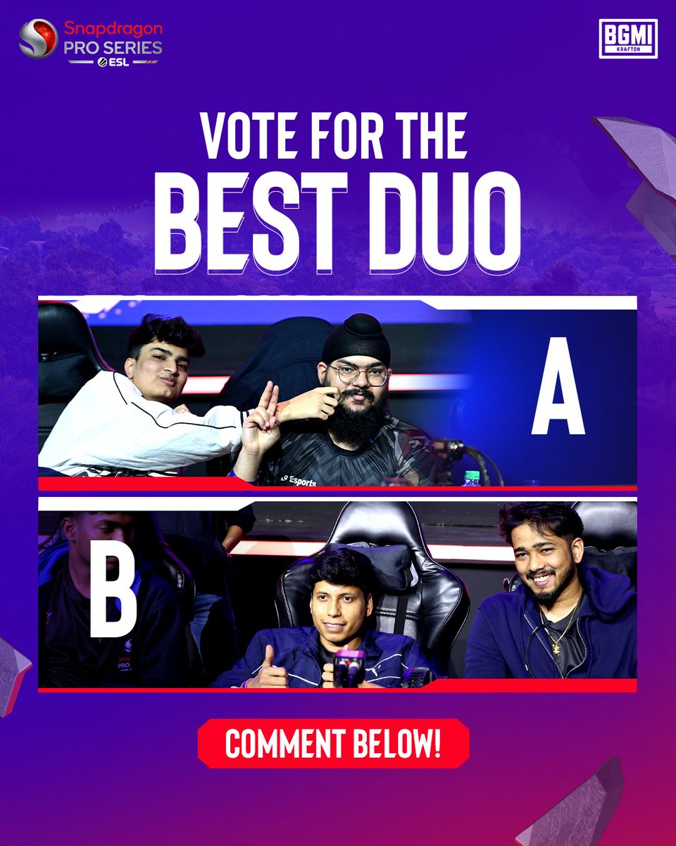Which DUO has the ultimate synergy—A or B? Drop your pick! ⬇️

🎥 Watch now &amp; Rewatch the action on our channels:
📺 YT/FB - ESL India
📺 Rooter/Twitch - Nodwin Gaming

#Snapdragon #SPS #SnapdragonProSeries #OneOfAKind