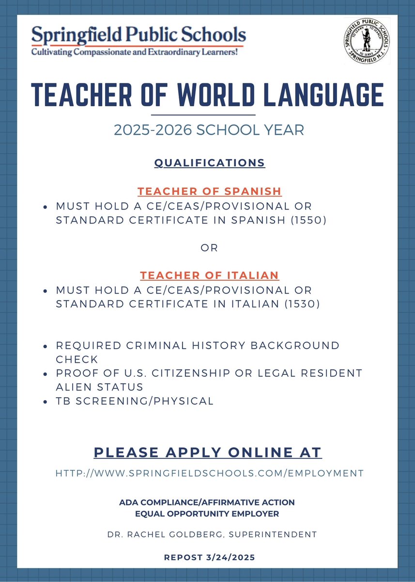 Springfield Schools (@springfieldschs) on Twitter photo Vacancy Announcement: Teacher of World Language
<a href="/NJSchoolJobs/">NJSchoolJobs.com</a>
To Apply: applitrack.com/springfield/on… Vacancy Announcement: Teacher of World Language
<a href="/NJSchoolJobs/">NJSchoolJobs.com</a>
To Apply: applitrack.com/springfield/on…