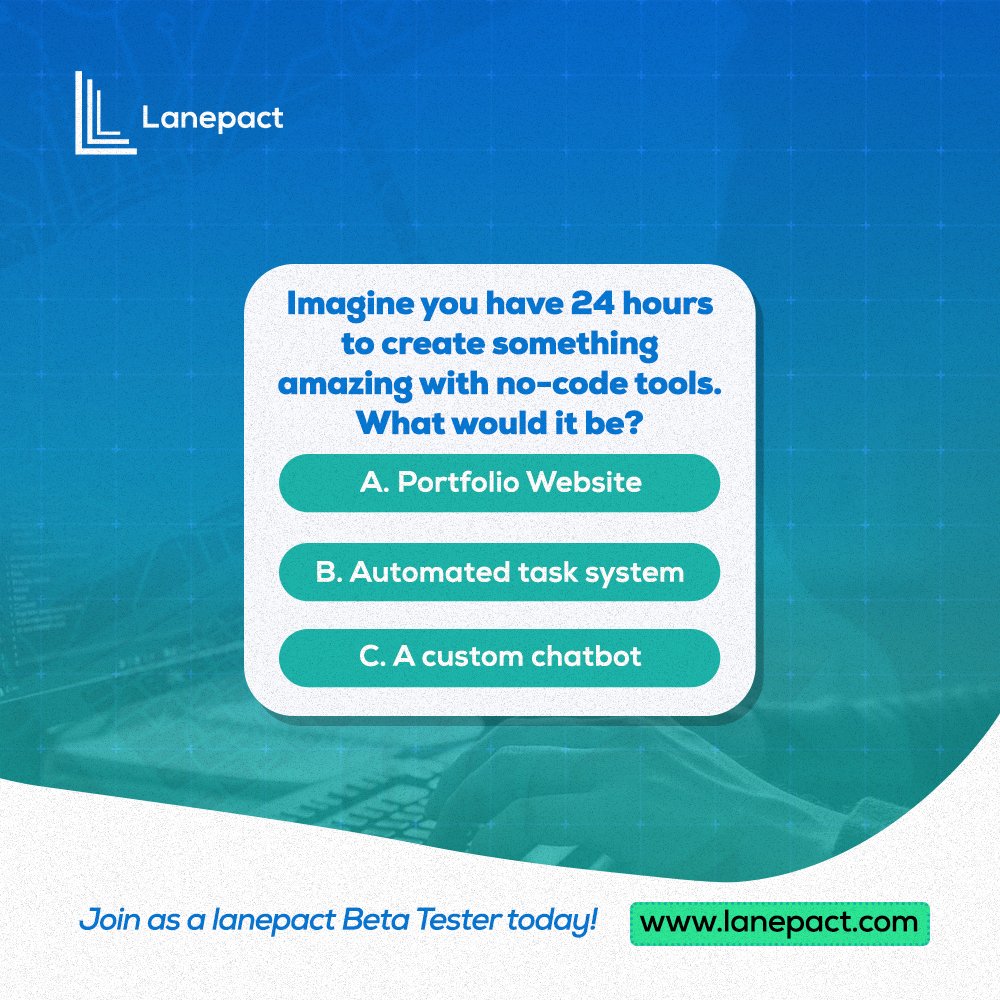 lanepact's tweet photo. 24 hours. No code. Infinite possibilities.
With Lanepact, you can build smart support tools, automate workflows, and launch ideas—no devs required.
What would YOU create in a day? 👀
#Lanepact #NoCode #BuildInADay #InnovationSimplified #TechForEveryone https://t.co/7WejhmBXdp
