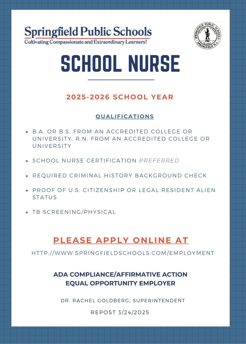 Springfield Schools (@springfieldschs) on Twitter photo Vacancy Announcement: School Nurse
<a href="/NJSchoolJobs/">NJSchoolJobs.com</a>
To Apply: applitrack.com/springfield/on… Vacancy Announcement: School Nurse
<a href="/NJSchoolJobs/">NJSchoolJobs.com</a>
To Apply: applitrack.com/springfield/on…