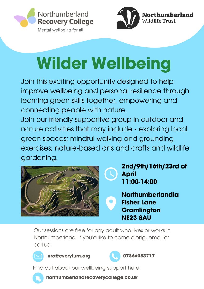 Northumberland Recovery College and NWT are offering an exciting opportunity, over 4 sessions, to help people improve their wellbeing and personal resilience through learning green skills together, empowering and connecting people with nature.

northumberlandrecoverycollege.co.uk/events/wilder-…