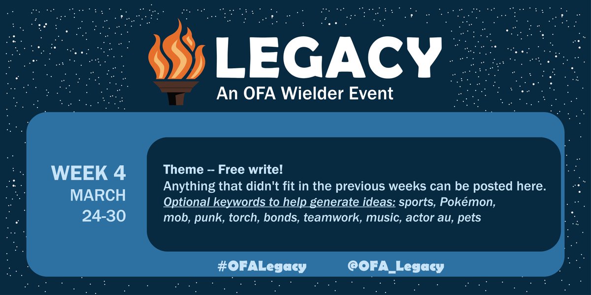 OFA_Legacy's tweet photo. Week 3 is over! Thank you so much for all your precious artworks!
With this, we're entering our final Week 4! Our theme for this week is.. Free Write! Anything that didn't fit into the previous weeks' themes you can use now! As always use #OFALegacy and tag us to rtwt your posts! https://t.co/GqwksEPmPd
