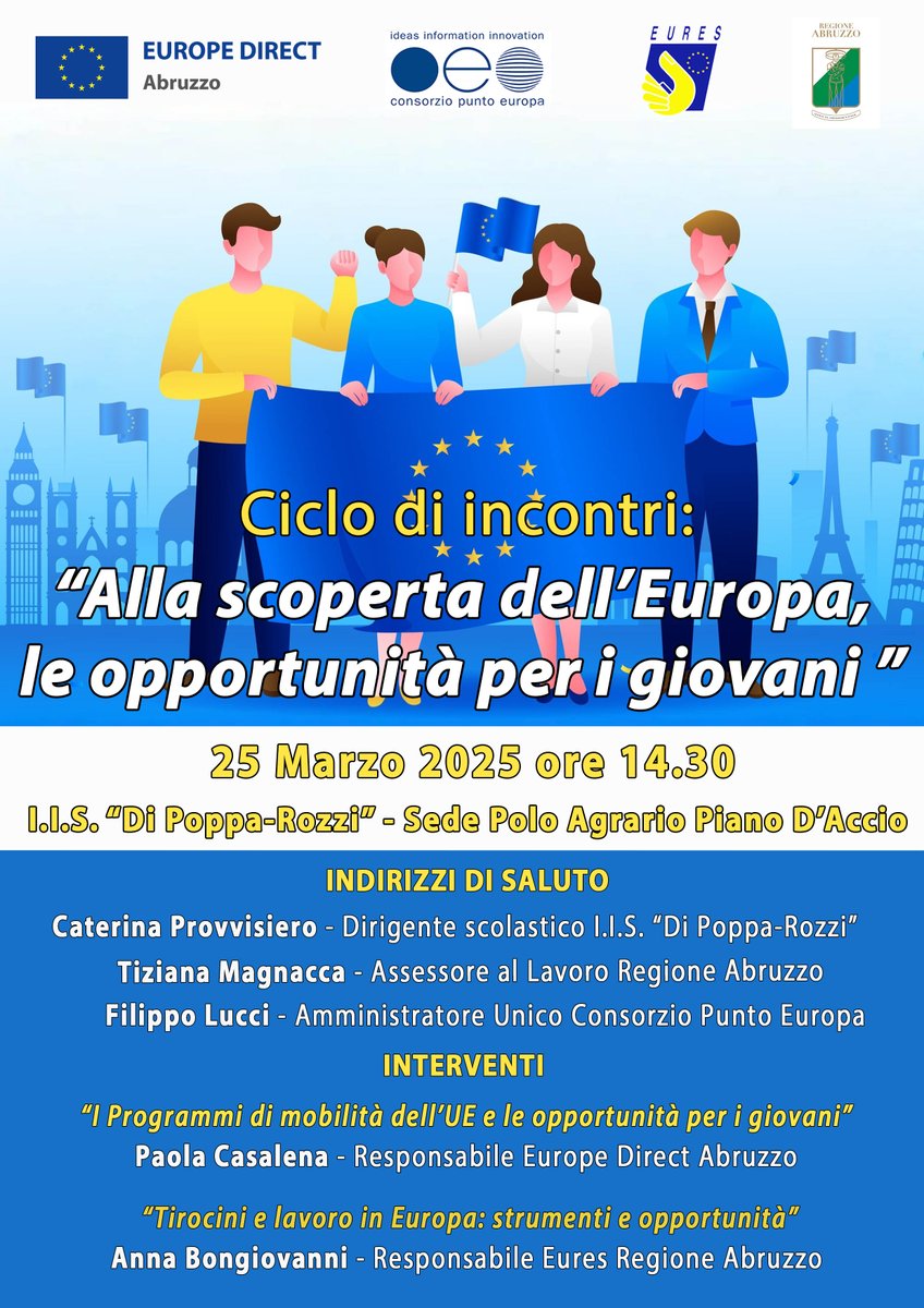 Nuovi appuntamento con gli studenti per parlare di opportunità di mobilità in Europa. 
Domani incontriamo gli studenti del Liceo Illuminati di Atri e dell'Istituto Rozzi di Teramo. 
Gli incontri sono realizzati da Europe Direct Abruzzo ed Eures Regione Abruzzo.