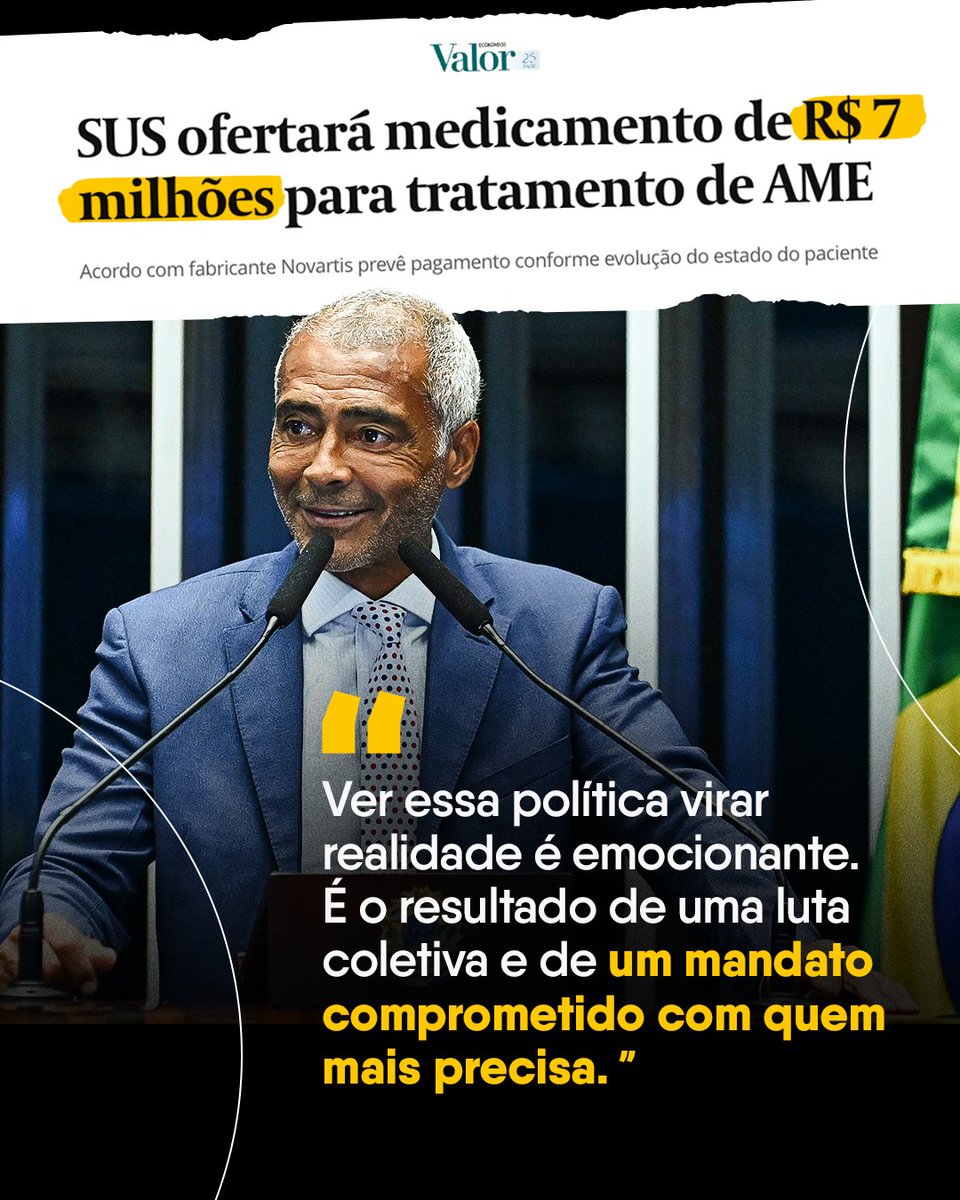 Galera, é com o coração cheio de alegria que celebro uma das maiores conquistas na luta pelas pessoas com AME! Depois de anos de mobilização, o SUS vai oferecer gratuitamente o Zolgensma, um remédio que custa cerca de R$ 7 milhões e pode transformar a vida de crianças com Atrofia