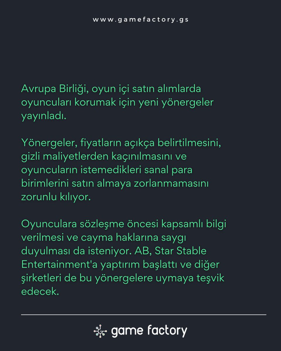 AB, oyun içi satın alımlarda oyuncuları korumak için harekete geçti! ️🇪🇺 🎮
Yeni yönergeler, daha şeffaf ve adil bir oyun deneyimi sunmayı hedefliyor. Oyun geliştiricilerinin dikkatine⚠️

#AB #oyuniçisatınalım #oyunhaberleri